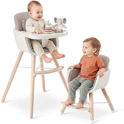 Mallify 3-in-1 Wooden High Chair, Convertible High Chairs for Babies and Toddlers, Baby Highchair with Adjustable Legs & Dishwasher-Safe Tray, Sleek Hardwood & Premium PU Cushion, Pink