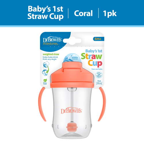 Dr. Brown's Baby’s First Silicone Straw Cup, Training Cup, Coral, 9 oz, 6m+