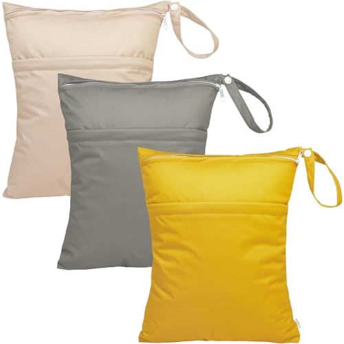 babygoal Wet Dry Bags for Baby Cloth Diapers, Washable Travel Bags, Beach, Pool, Gym Bag for Swimsuits & Wet Clothes with Two Zippered Pockets 3 Pack, 3LN24 - Fruit Orange& Milk Tea Brown