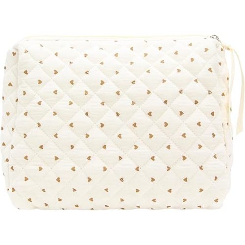 PAZIMIIK Quilted Makeup Bag Large Travel Zipper Soft Cosmetic Pouch for Women Girls Make Up,Gauze Heart Coffee
