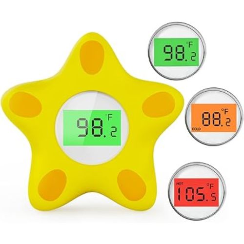 Baby Bath Thermometer, Infant Digital Water Thermometer Safety with 3 Color Backlit and Temperature Warning, Room Thermometer Floating Toy for Infant, Toddler, Bathtub, Swimming Pool (Yellow)