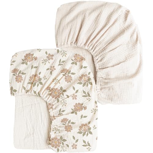 Konssy Muslin Crib Sheets 2 PCS, 100% Cotton Baby Crib Sheets for Standard Crib Mattress (28"x 52"), Soft and Breathable for Boys, Girls (Petal,Cream)