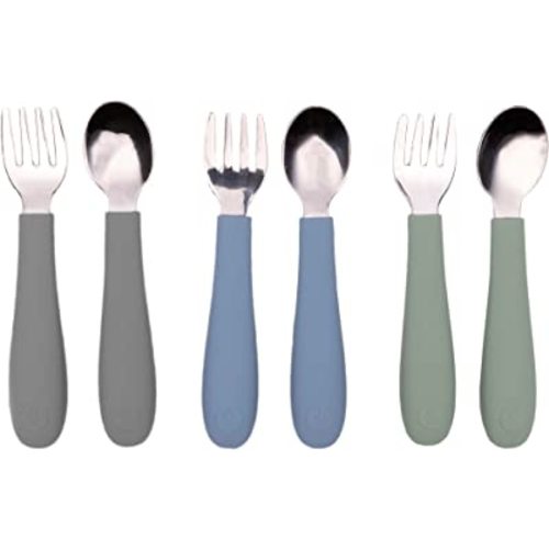 WeeSprout Toddler Utensils, 3 Forks & 3 Spoons, 18/8 Stainless Steel & Food Grade Silicone, Thick Easy-Grip Handles, Perfect Length For New Self Feeders, Gentle On Gums & Teeth, Dishwasher Safe - Matte Dark Gray, Blue, Green