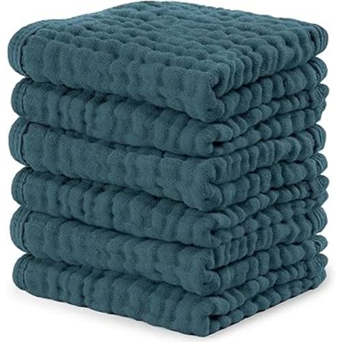 Comfy Cubs Muslin Baby Washcloths 6 Pack - Soft 6-Layer Cotton Wash Cloths for Sensitive Skin - 10"x10" Large, Gentle, Absorbent Infant Essentials for Newborn and Toddlers - Neptune