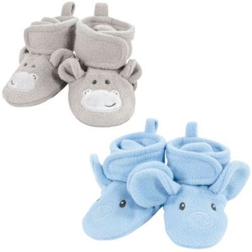 Hudson Baby Infant Boy Animal Fleece Booties 2-pack, Blue Elephant Hippo, 0-6 Months