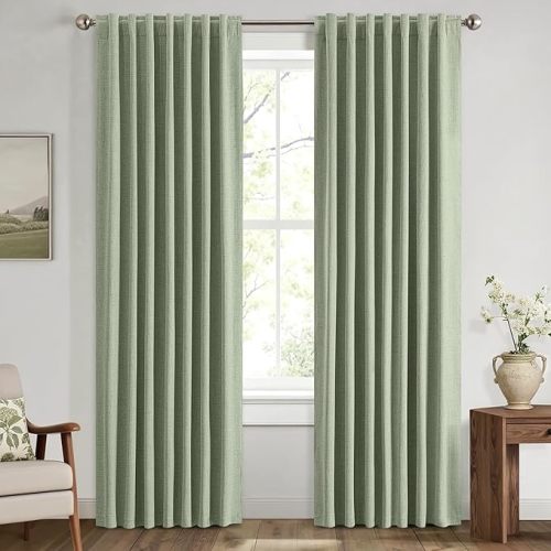 MIULEE 100% Blackout Linen Curtains for Bedroom, Sage Green Solid Luxury Decor Thermal Insulation Room Darkening Drapes for Living Room Nursery Back Tab Rod Pocket 42 x 90 Inches, 2 Panels