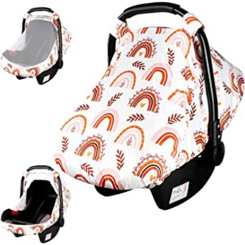 Car Seat Covers for Babies Rainbow Infant Carseat Canopy Cover with Peep Windows and Breathable Mesh, Kick-Proof, Soft Stretchy Baby Car Seat Cover Newborn Stroller Carrier Covers for Boys Girls