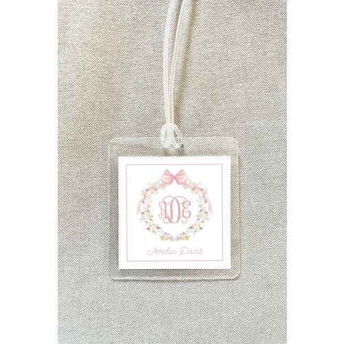 Personalized Floral Monogram Crest Bag Tag, Laminated Square Girl Luggage Tag, Diaper Bag Tag