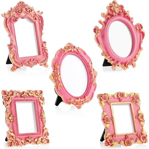 Maitys 5 Pcs Mini Picture Vintage Frames Tiny Antique Photo Baroque Ornate Resin Oval Frame Table Top Display Home Wedding Decor (Pink Gold)
