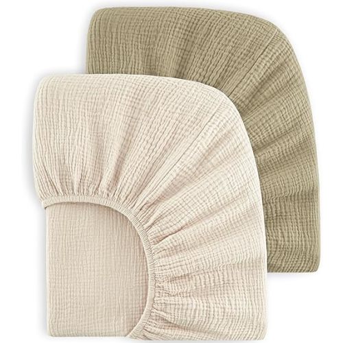 Bearmoss Muslin Crib Sheets 100% Cotton Baby Crib Sheets Fitted for Standard Crib Mattress & Toddler Bed Mattress 52"x28" Soft Breathable Crib Sheet Neutral for Boys Girls - 2 Pack (Oat Latte)