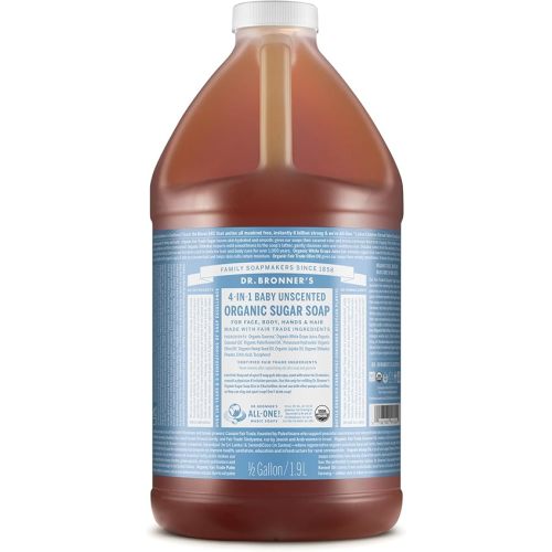Dr. Bronner’s - Organic Sugar Soap (Baby Unscented, 64 Ounce) - Made with Organic Oils, Sugar and Shikakai Powder, 4-in-1 Use: Hands, Body, Face and Hair, Moisturizes and Nourishes, No Added Fragrance