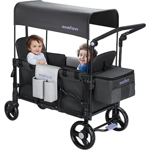 Foldable Wagon Stroller for 2 Kids, Double-Seater Baby Wagon with Canopy, Adjustable Handle and Pull Bar, Compact Design for Toddlers and Infants, for Outdoor Adventures (Grey)