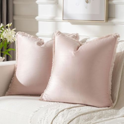 FUTEI Pink Velvet Decorative Throw Pillow Covers 20x20 Set of 2,Soft Cozy Edge with Tassels Cushion Case,Boho Modern Home Decor for Couch Bed Living Room