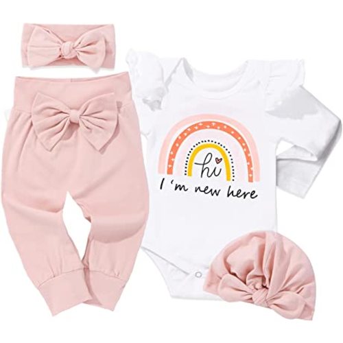 WIQI Baby Girl Clothes, Newborn Girl Letter Print Romper Tops +Cute Pants +Hat +Headband 4PCS Spring Summer Outfits Set