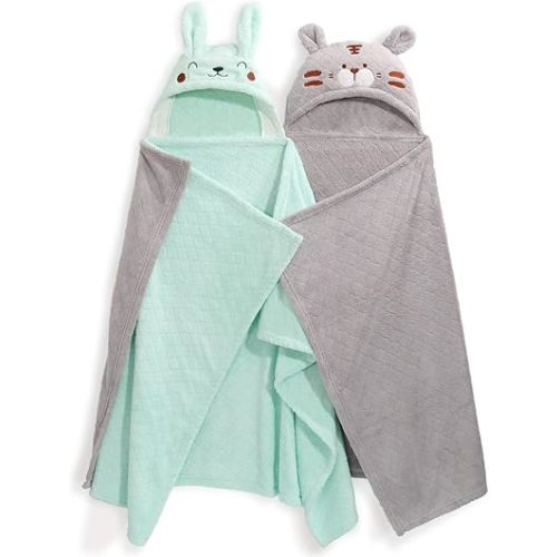 WODHOY Hooded Towels for Baby Toddler Kids 0-5 Years, 2-Pack Thick Toddler Bath Towels for Boys and Girls, 50'' x 32'' Absorbent Baby Bath Towel, Soft Kids Bath Towels Baby Hooded Towels (Grey+Green)…