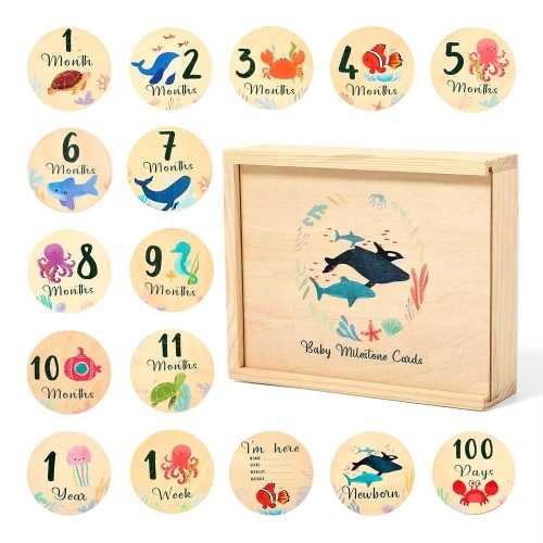 Baby Wooden Milestone Cards, Sea Animal, Wooden Engraved