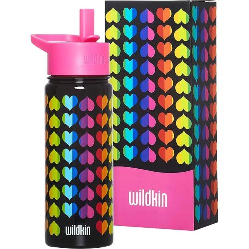 Wildkin Kids 18oz Stainless Steel Water Bottle – BPA-Free, Leakproof, Insulated, Easy-Clean - Rainbow Hearts