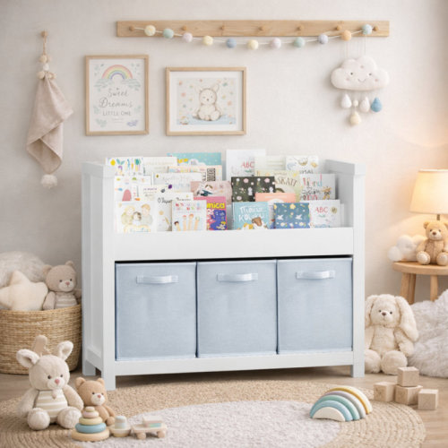 Ebern Designs Kids Bookshelf with 3 Tier Front-Facing Storage and 3 Fabric Bins, Wooden Toddler Bookcase for Playroom, Nursery, Bedroom – Kids Book Organizer Shelf for Toys and Books | Wayfair