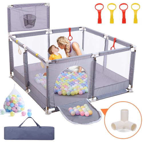 JoyStone 50 x 50 Baby Playpen with 30 Ocean Balls, Soft Mesh Sides, Basketball Hoop & Pull Rings, Indoor Baby Fence for Toddlers, Grey