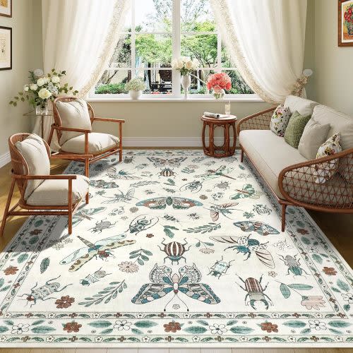 famibay Insect Floral Printed Living Room Rugs 8x10 Washable Area Rug Living Room Low Pile Stain Resistant Dining Room Rugs Under Bed Faux Wool Farmhouse Bedroom Rug Under Bed(Beige)