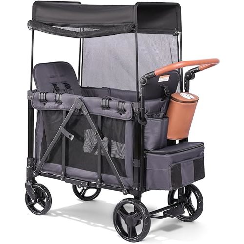 Wagon Stroller for 2 Kids with Insulated Snack Pack Foldable All-Terrain Wagon Stroller, 5-Point Harness & Canopy Parent Organizer Adjustable Handle (Grey)