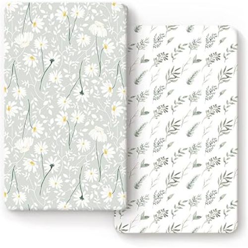 Stretchy Ultra Soft Jersey Knit Fitted Crib Sheets Set 2 Pack, Fit All Standard Crib Mattress Pads, Breathable Crib Sheet for Girls, Watercolor Daisy Flowers