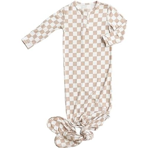UPTON AVE Checkered Knotted Gown Baby Newborn, Viscose derived from Bamboo, Infant Sleeper with Mittens, Baby Girl, Baby Boy
