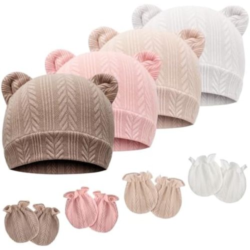 Newborn Baby Hat and Mittens Set Bear Ears Toddler Infant Beanie Caps Newborn Hospital Hat for Baby Boy Girl 0-3 Months