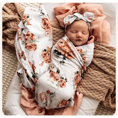 Rosebud Organic Baby Jersey Swaddle Wrap & Topknot | Snuggle Hunny