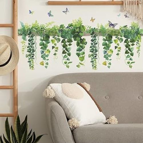 Green Leaf Wall Decals Hanging Vine Wall Stickers Plant Butterfly Wall Decal DIY Removable Wall Art Decals Peel and Stick Art Murals for Kitchen Bedroom Classroom Kids Nursery Decor
