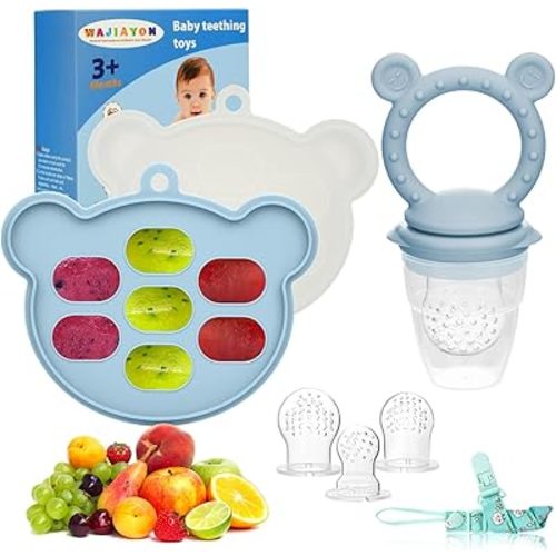 WAJIAYON Baby Breastmilk Popsicle Molds & Fruit Feeder (2 Pack), Baby Food Freezer Tray Storage Containers, Silicone Teething Pacifier Feeder and Teether for Babies - Sky Blue