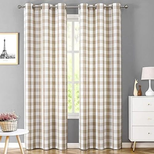 Amzdecor Buffalo Plaid Grommet Curtains 84 Inch Length, Tan Semi-Sheer Gingham Check Farmhouse Rustic Textured Curtains Drapery for Living Room Bedroom,2 Panels (40" x 84", Linen & White)