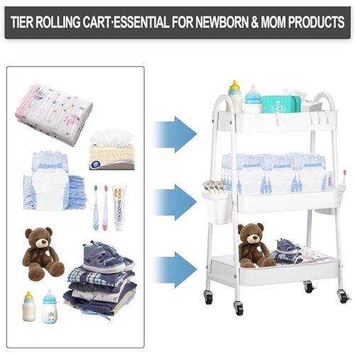 3-Tier Utility Rolling Cart Utility Cart with Wheels Baby Diaper Caddy Cart Metal Nursery Storage Organizer Organizer for Baby Diapers Essentials Storage Cart for Living Room Kitchen Office Bathroom