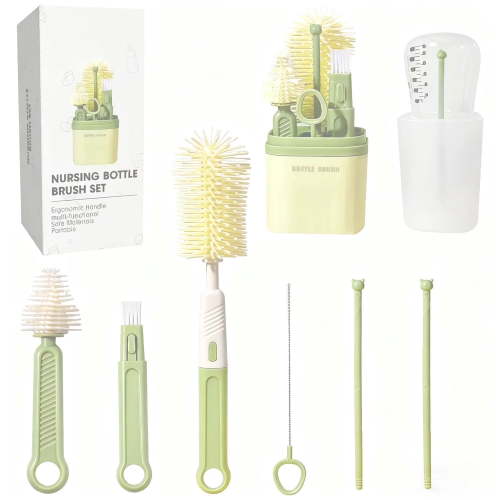 Baby Bottle Brush Set-Travel Bottle Cleaner Kit with Silicone Brush,Drying Rack,Nipple Brush,Straw Brush,Bottle Mouth Brush,Storage Box-6 in 1 Portable Bottle Washing Kit for Home and Travel