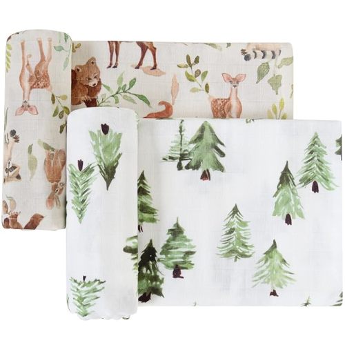 LifeTree Muslin Swaddle Blankets Neutral, Woodland Baby Swaddling Wrap Nursery Receiving Blanket for Boys & Girls Unisex, Soft 70% Viscose from Bamboo and 30% Cotton, Large 47 x 47 inches