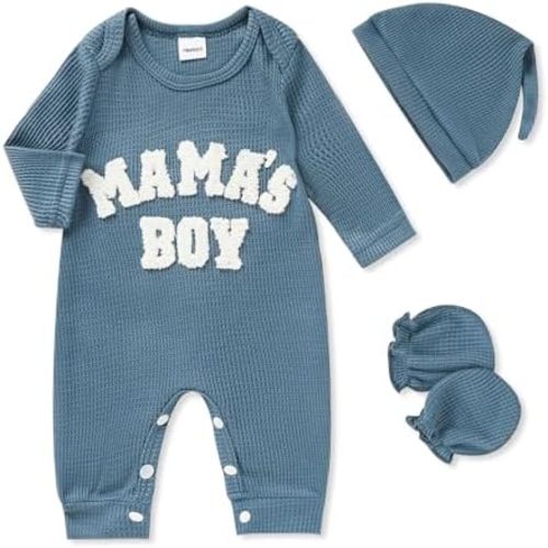 GRNSHTS Newborn Baby Boy Romper Coming Home Outfits Letter Print Bodysuit Jumpsuit+Hat+Gloves 3PCS Clothes Set