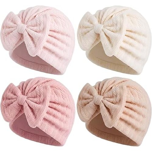4 Pcs Newborn Baby Girl Hats with Bow Infant Beanies Head Cap New Born Hospital Bows Hat Beanie for Baby Girls Toddler Kids 0-6 Months