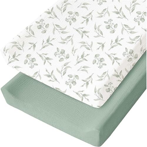 Konssy 2 Pack Muslin Changing Pad Covers for Boys, Ultra Soft & Breathable Cotton Baby Diaper Changing Table Covers, Neutral Nursery Diaper Changing Pad Sheets (Green, Green Leaves)