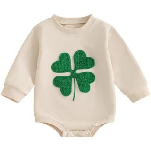 Lesimsam Newborn Baby Boy Girl St. Patrick's Day Outfit Clover Embroidery Sweatshirt Romper Oversized Long Sleeve Romper Top