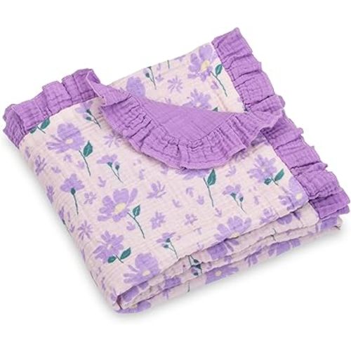 LollyBanks Ruffle Baby Blanket for Girls, 100% Organic Cotton Muslin Baby Blanket, Soft and Breathable 40 x 36 Inches Crib Blankets for Toddlers, Newborn Muslin Quilt, Registry (Daisy Print)