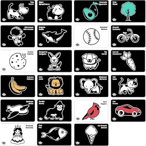 Happy Start High Contrast Baby Cards - Water Resistant High Contrast Baby Vision Cards Tummy Time Toys - Diaper Bag Ready Black and White Baby Toys, Newborn Toys for Ages 0+ (English & Español)