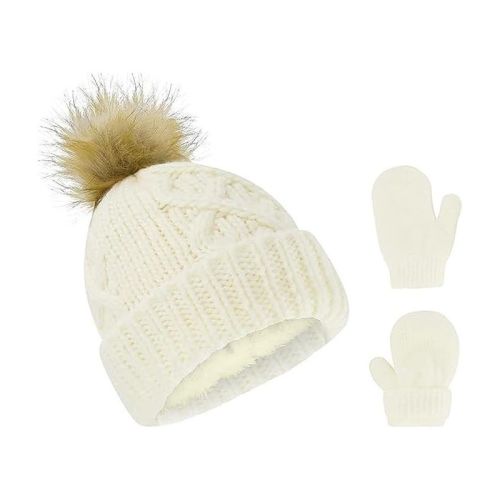 Rising Star Baby Girls and Boys Hat with mittens set, Winter Set for infants Ages 0-6 months (Ivory)