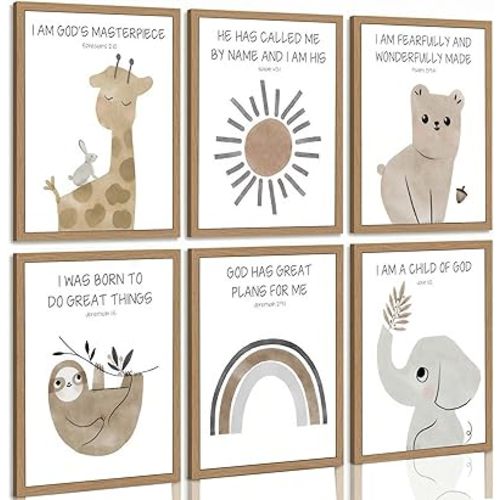 6Pcs Christian Nursery Canvas Wall Art Woodland Animal Bible Verse Paintings Pictures Wall Decor Posters Print Artwork for Children's room Baby Room Home Decoration Unframed