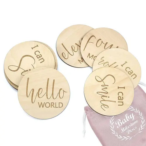 Baby Milestone Cards Wooden Monthly Cards and Infant First, Double Sided Engraved Photo Prop Discs,Gift Set for Baby Shower and Newborn,Come with Velvet Gift Bag (Round style2)