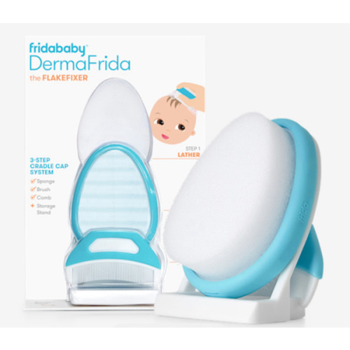 Frida Baby The 3-Step Cradle Cap System, DermaFrida The FlakeFixer, Sponge, Brush, Comb and Storage Stand for Babies with Cradle Cap, White-Blue