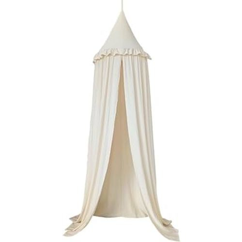 Wonder Space Kids Bed Canopy with Ruffles, Pastel Neutral Color for Boys & Girls, Frilled Cotton Tent Nursery Room Baby Crib Hanging Curtain Mosquito Netting Children Reading Nook Decoration (Ivory)