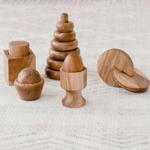 Montessori Wooden Toy Set for 1 Year Old | Fine Motor Toys | Ring Stacker, Egg and Cup, Interlocking Discs | Natural Acacia Wood | Baby Gift