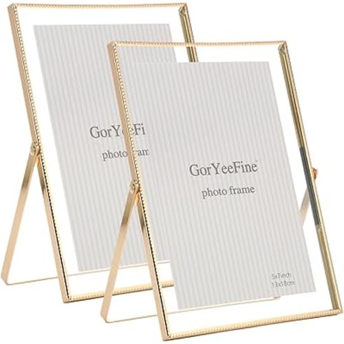 Gold 5x7'' Floating Frame Set of 2, For Photo Sizes (3.5 x5'', 4x 6'' up to 5x7'' ), Beautiful Metal Lace Edge Frames Adjustable Tabletop/Shelf Photo Frame, Classy Gift Choice for Wedding,