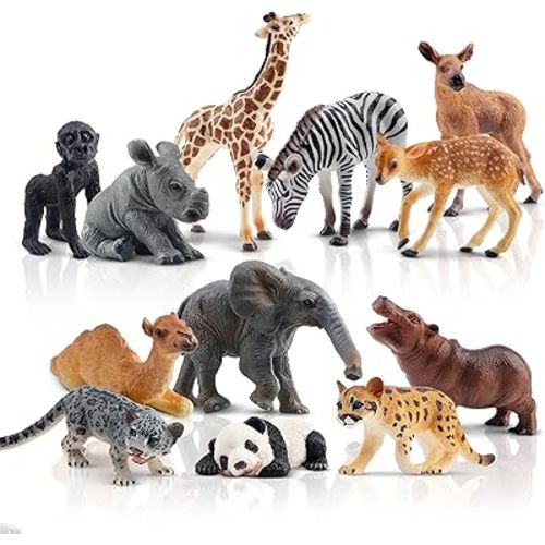 Toymany 12PCS Forest Animals Baby Figurines, Realistic Woodland Animals Figures Toys Includes Elephant, Mountain Lion, Giraffe and Deer Cubs, Cake Toppers Christmas Birthday Gift for Kids Toddlers