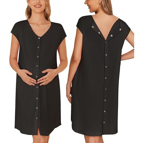 Ekouaer Labor/Delivery/Hospital Gown Nursing Nightgown Maternity Sleepwear With Pockets Postpartum Gowns with Button S-XXL